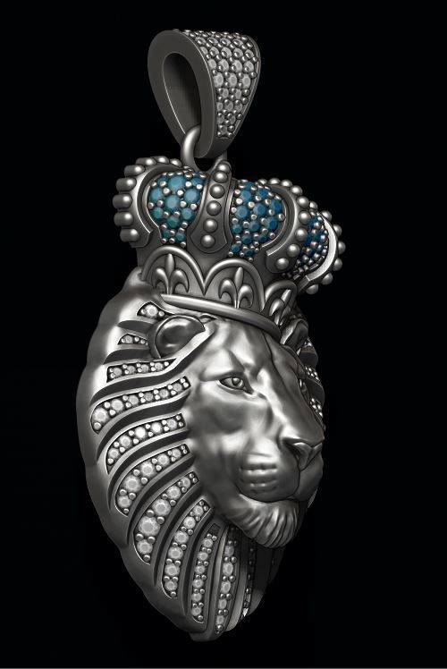Lion pendant with diamonds and closed mouth with crown 014 3D print model_1