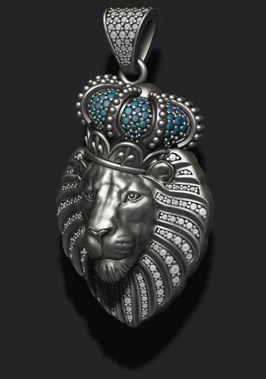 Lion pendant with diamonds and closed mouth with crown 014 3D print model_4