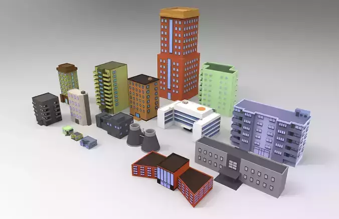 16 low poly buildings pack