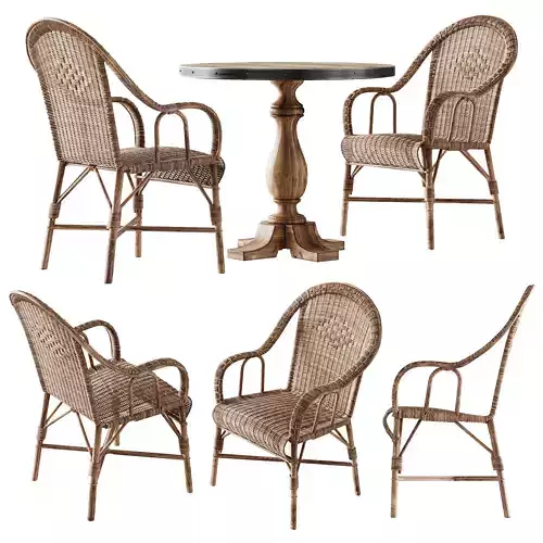 Kokmaison Fauteuil grand pere wicker chair and round table 3D model