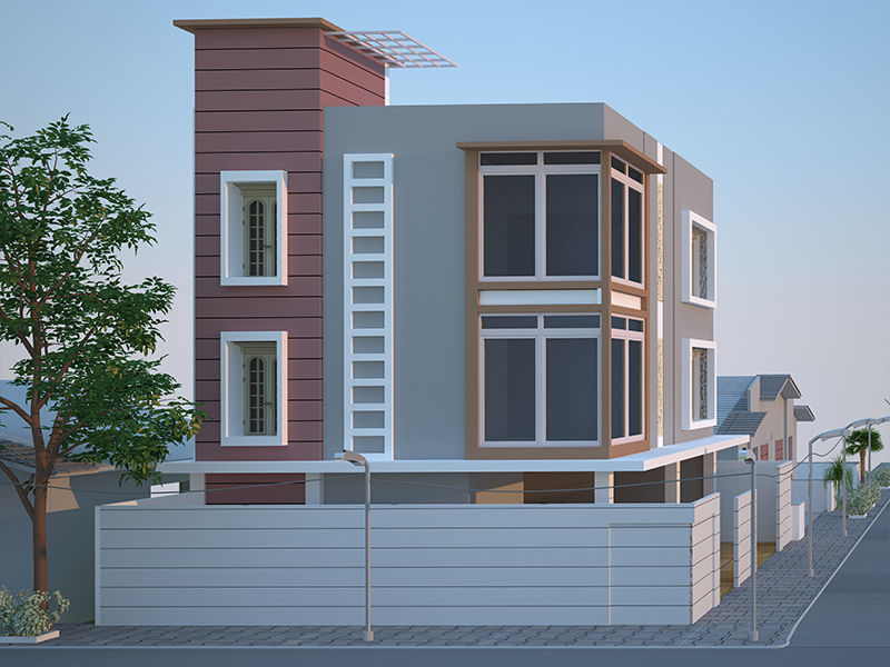 Exterior two story house with car 3D model_1