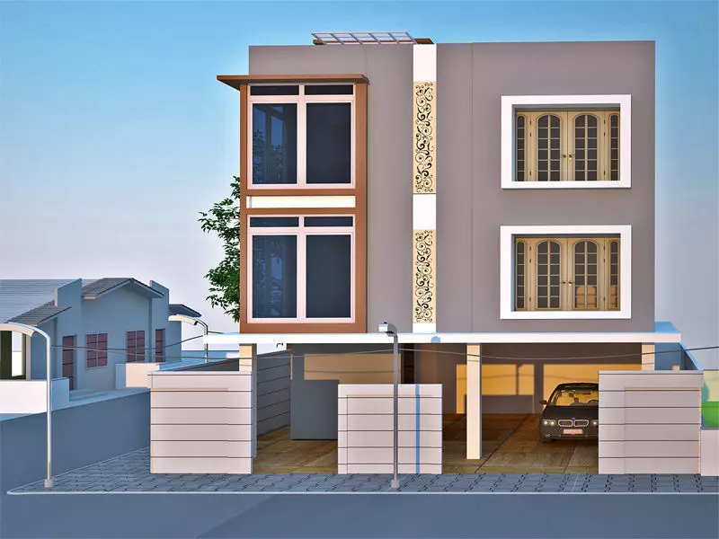 Exterior two story house with car 3D model_0