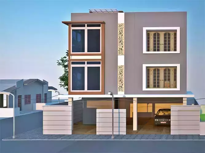 Exterior two story house with car