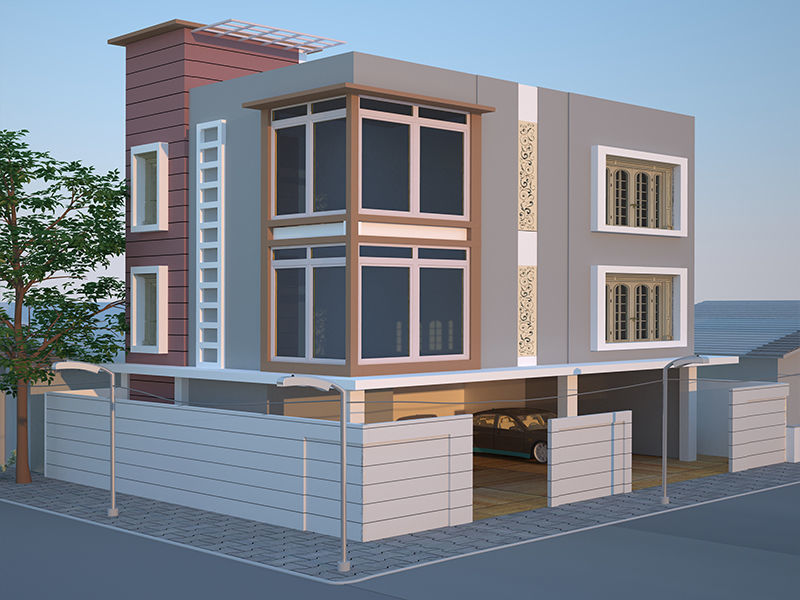 Exterior two story house with car 3D model_2