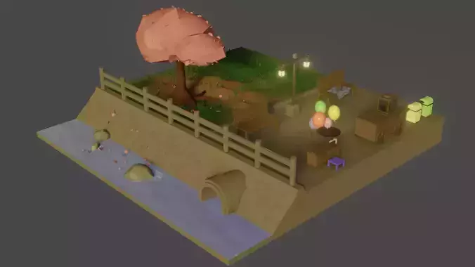 Low Poly Park village with trees and river