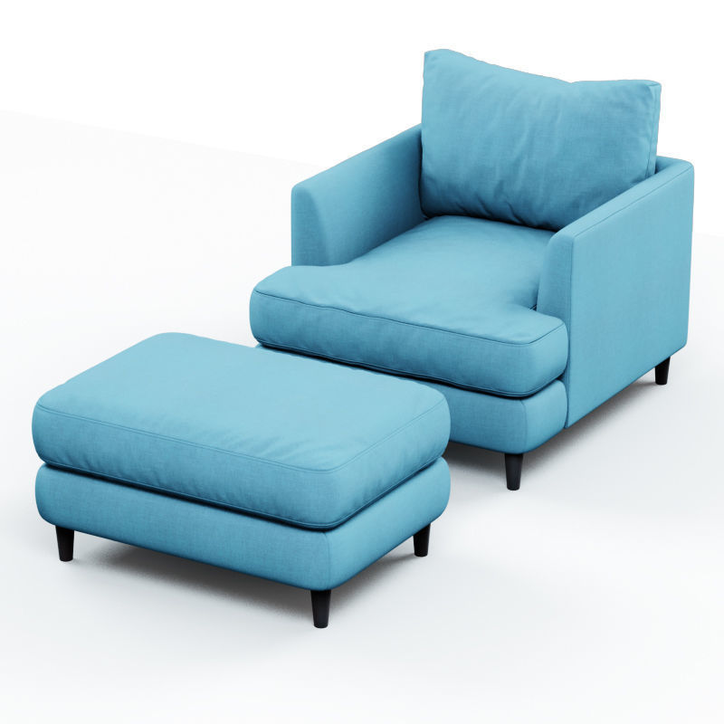 Armchair and pouf blue cloth 3D model_1