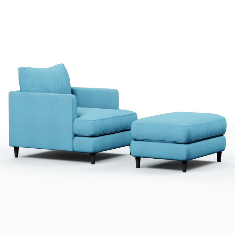 Armchair and pouf blue cloth 3D model_2