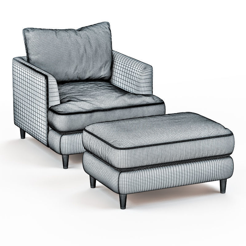 Armchair and pouf blue cloth 3D model_6