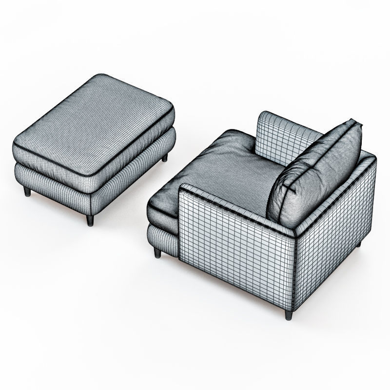 Armchair and pouf blue cloth 3D model_7