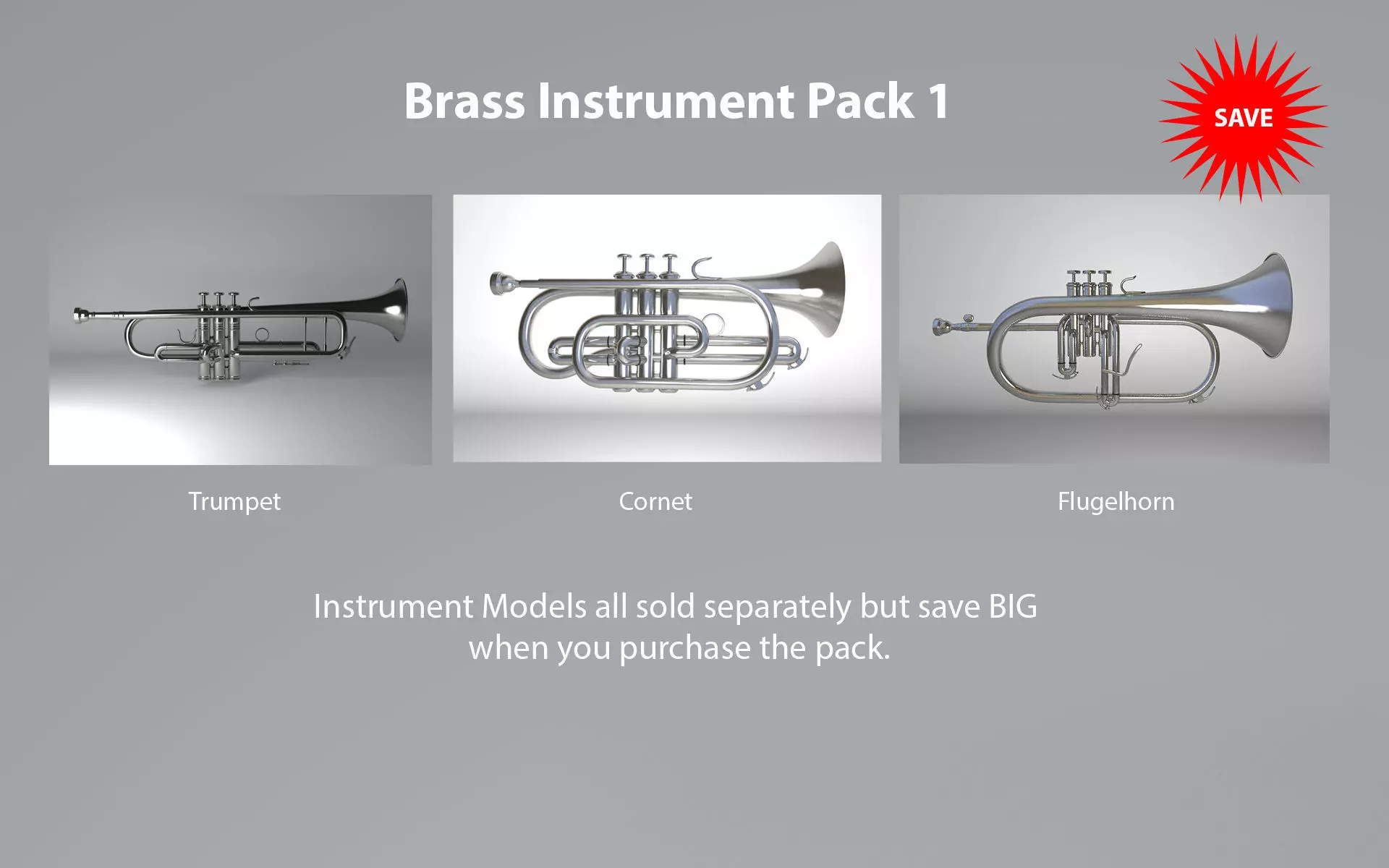 Brass Instruments Pack 1 Trumpet Cornet and Flugelhorn 3D model