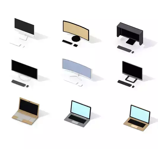 Low Poly Computers set of computer monitors and laptops