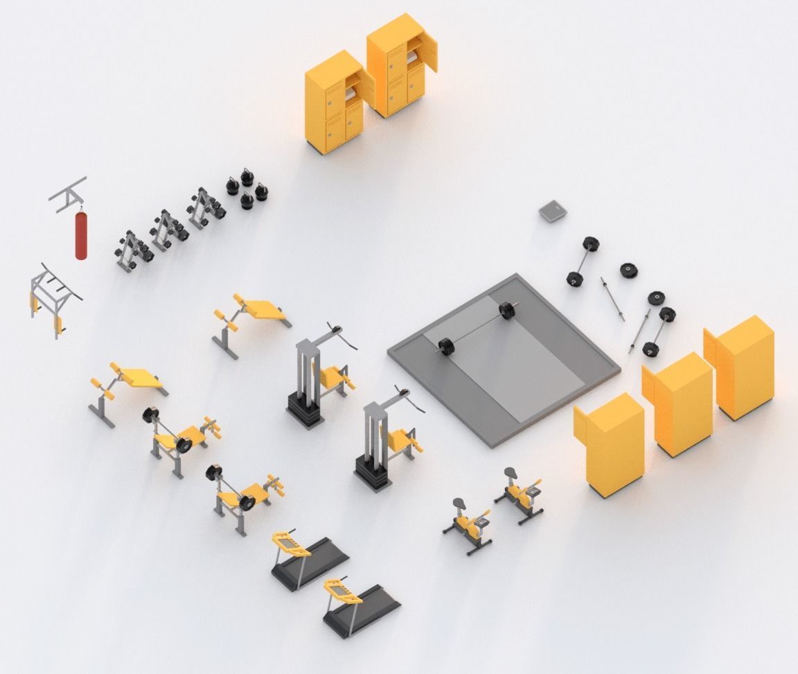 Low Poly Gym set of equipment Low-poly 3D model_4