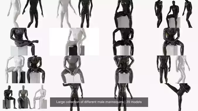 Large collection of different male mannequins 