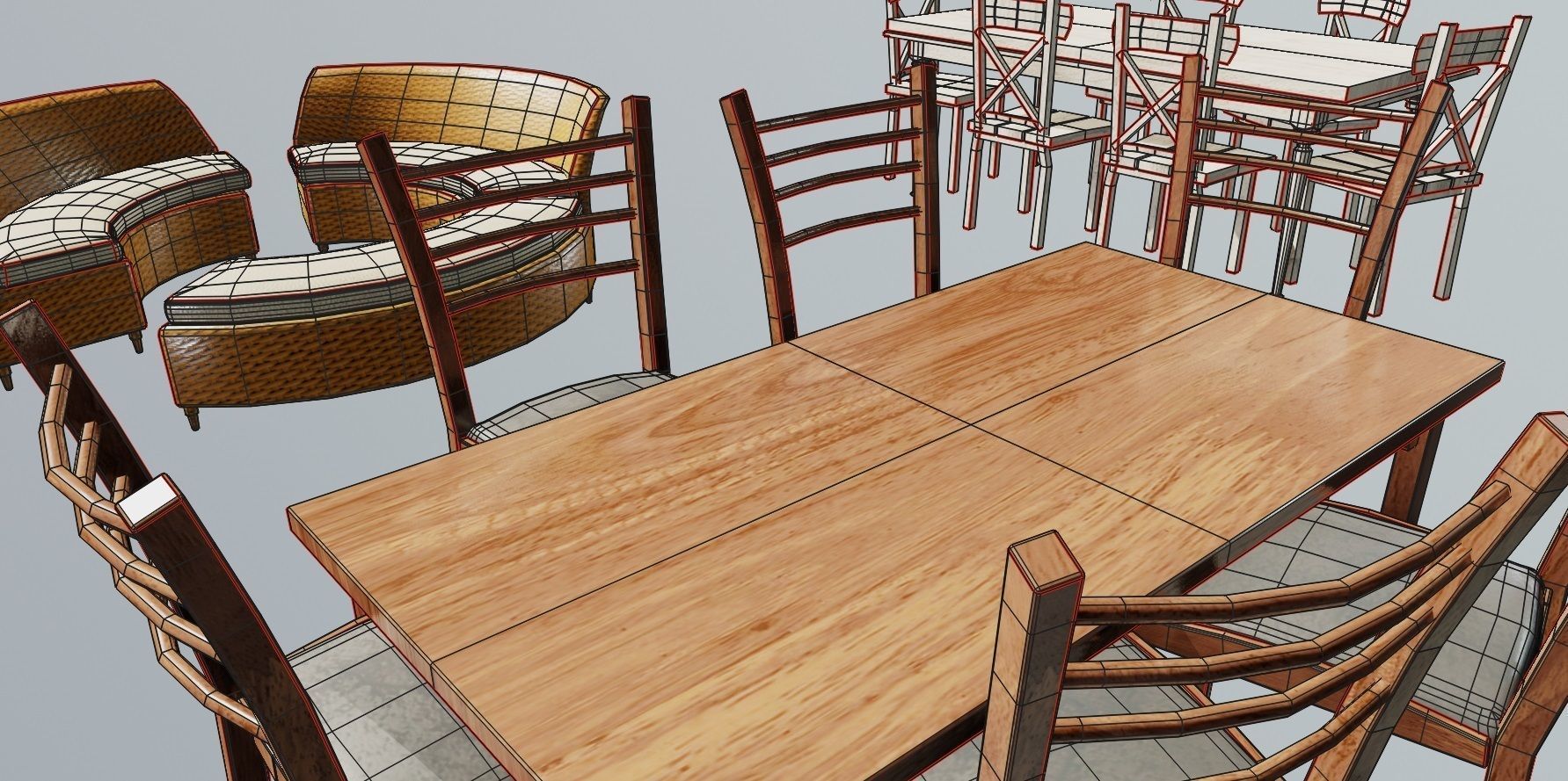 furniture set tables and chairs Low-poly 3D model_5