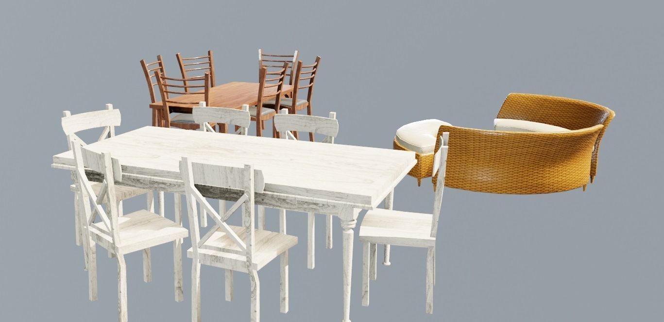 furniture set tables and chairs Low-poly 3D model_9