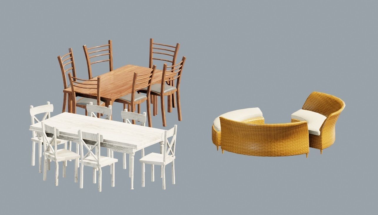furniture set tables and chairs Low-poly 3D model_2