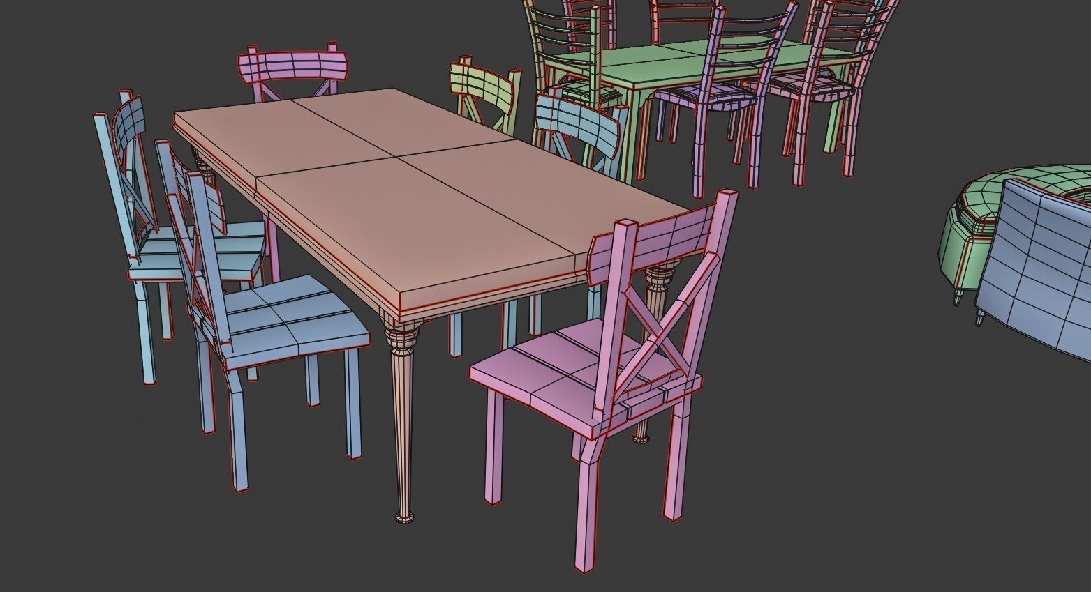 furniture set tables and chairs Low-poly 3D model_11