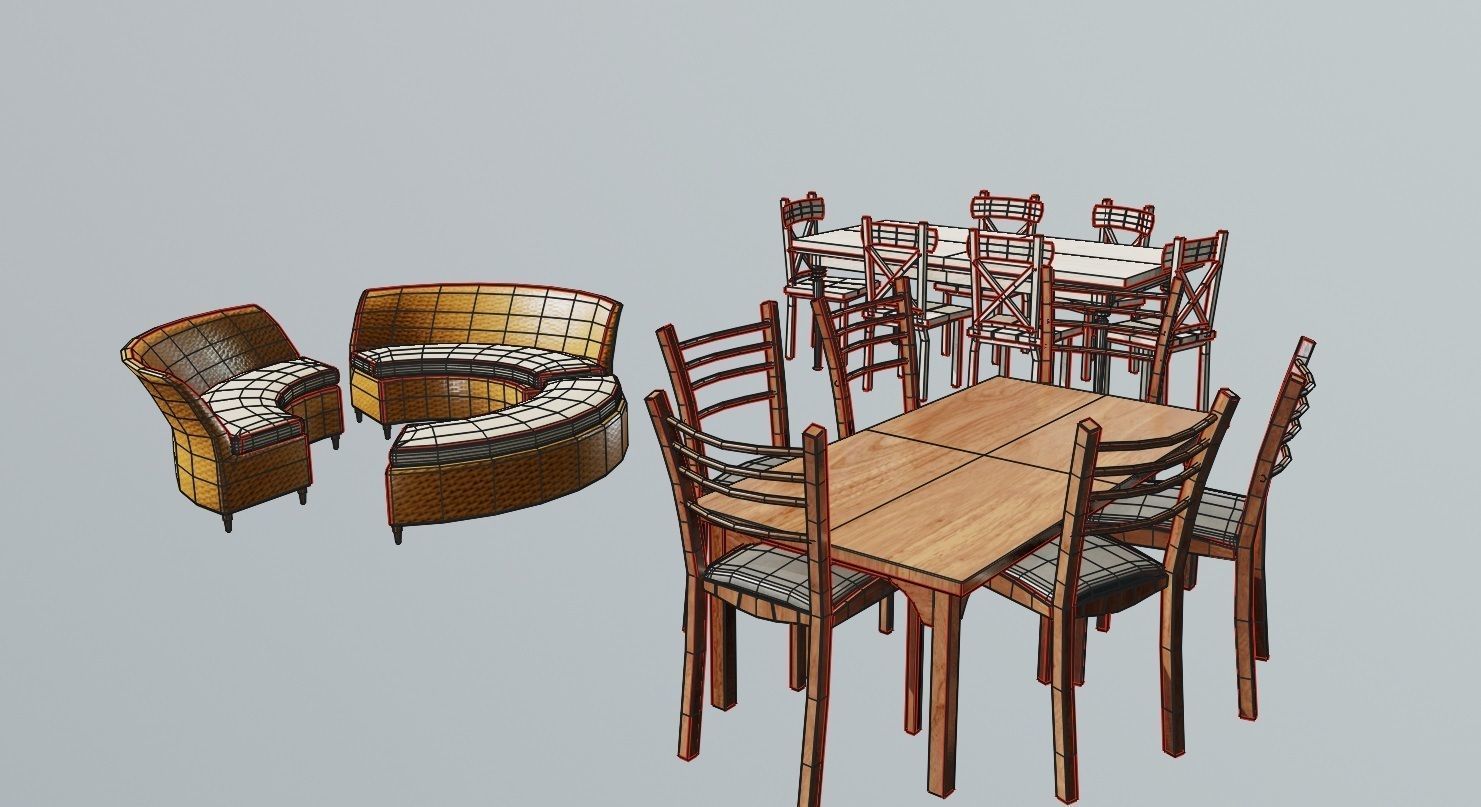 furniture set tables and chairs Low-poly 3D model_10