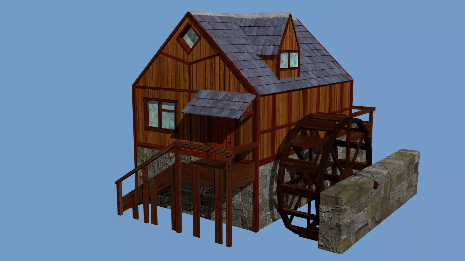 Watermill Animated Low-poly 3D model