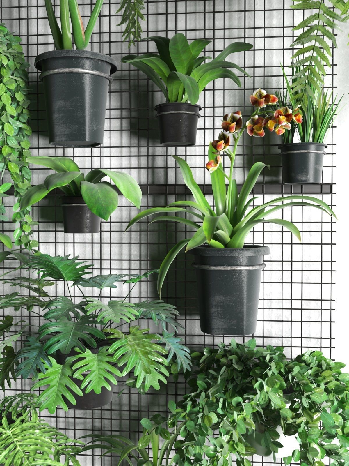 Wall Grid with Pot Plants 3D model_4