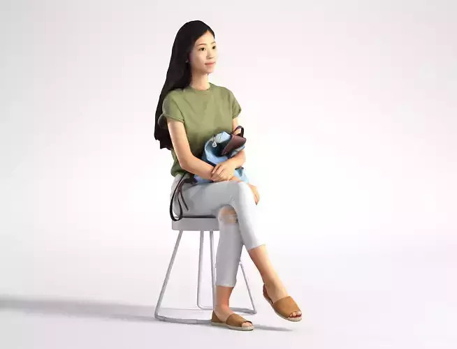 Woman Asian Casual T-shirt Sitting Low poly Emily 005
