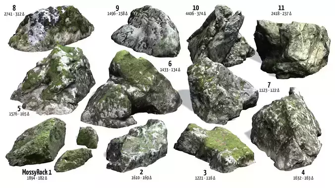 11 Mossy Rocks PACK Low-poly 3D model