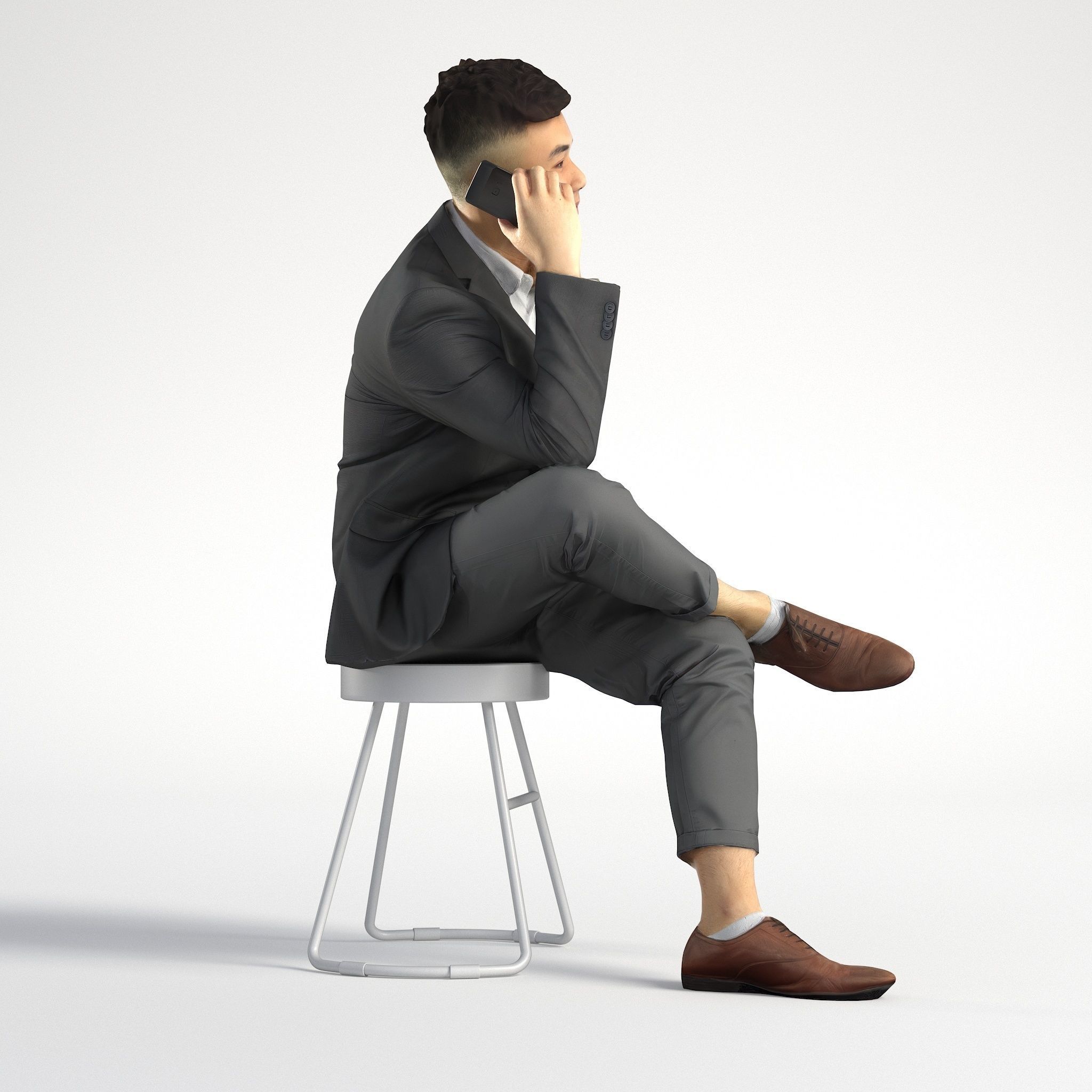 Man Asian Business Suit Sitting with Phone Low poly Kevin 001 3D model_2