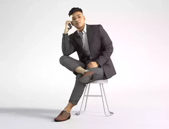 Man Asian Business Suit Sitting with Phone Low poly Kevin 001