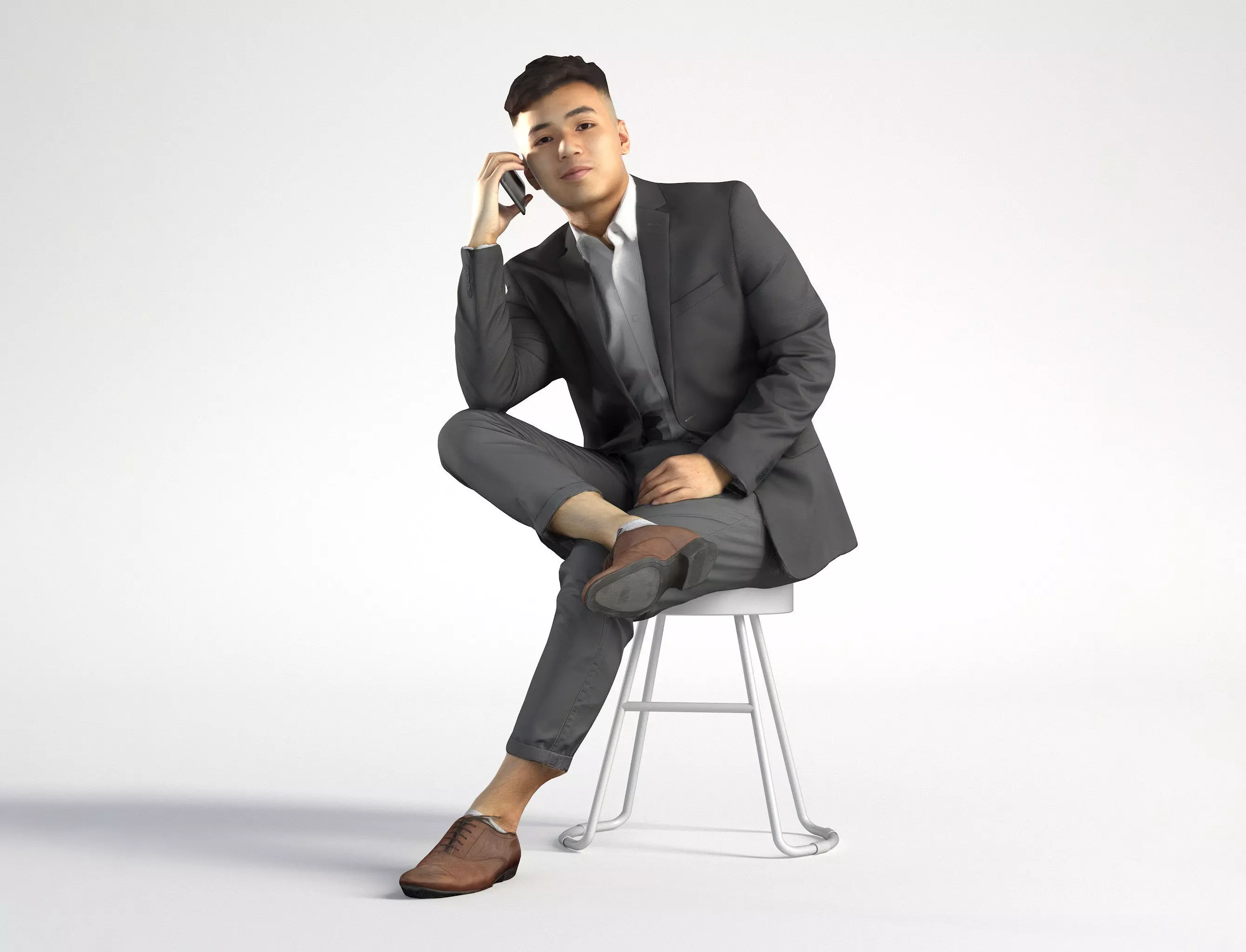 Man Asian Business Suit Sitting with Phone Low poly Kevin 001 3D model_0