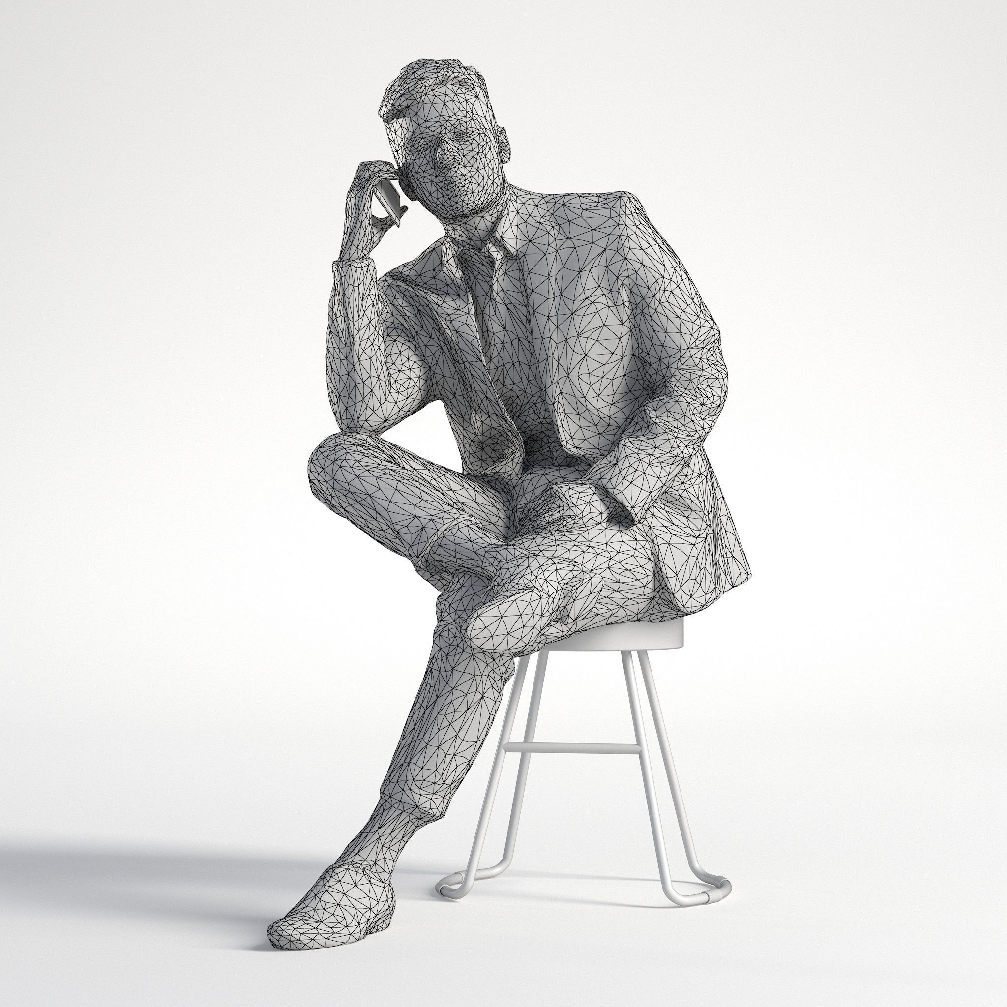Man Asian Business Suit Sitting with Phone Low poly Kevin 001 3D model_9