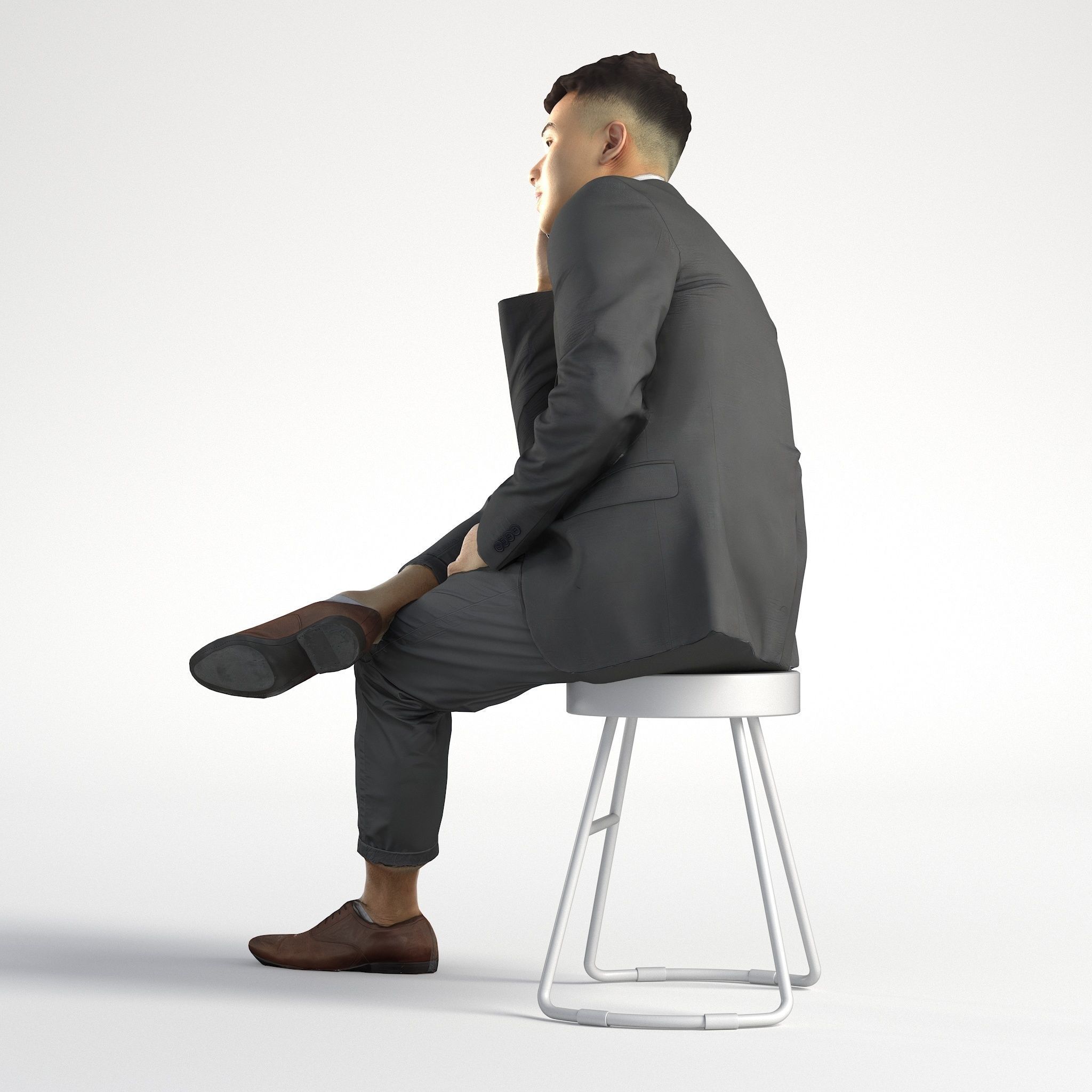Man Asian Business Suit Sitting with Phone Low poly Kevin 001 3D model_6