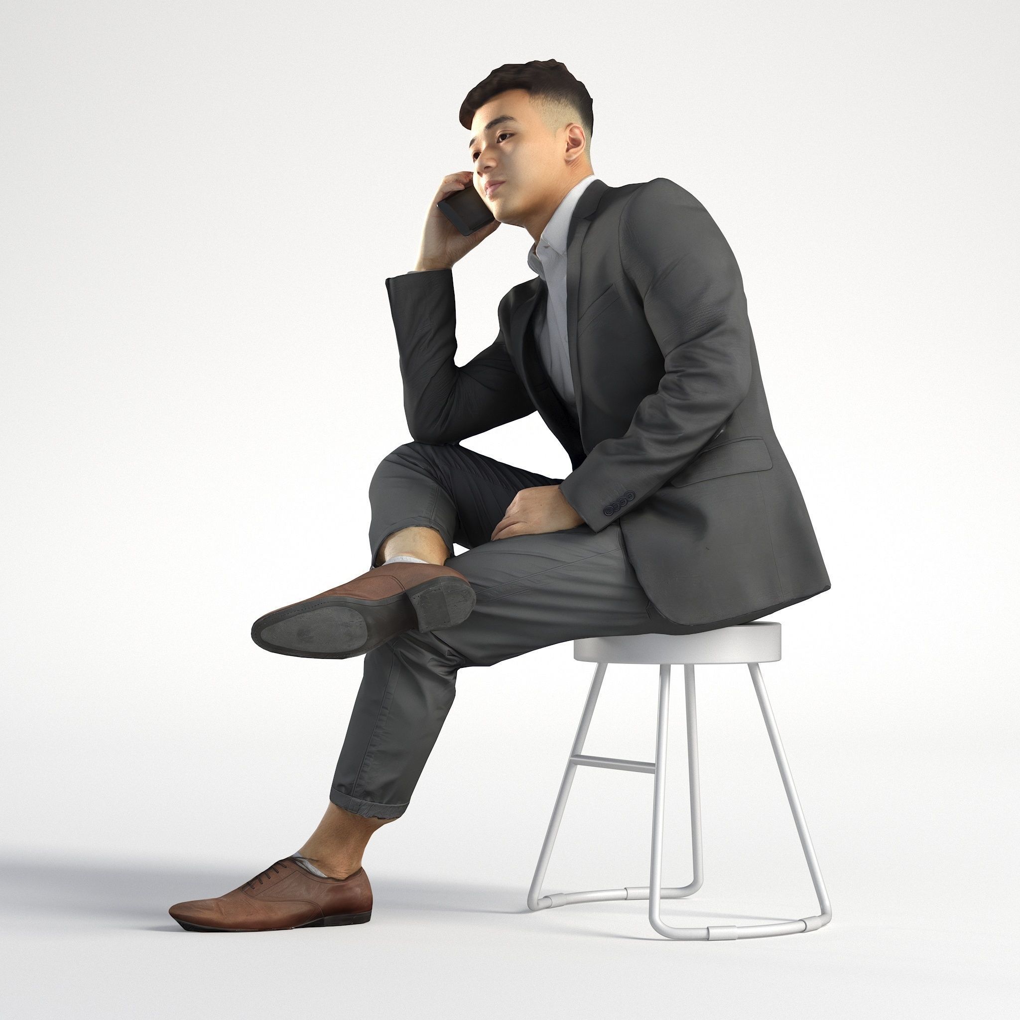 Man Asian Business Suit Sitting with Phone Low poly Kevin 001 3D model_7