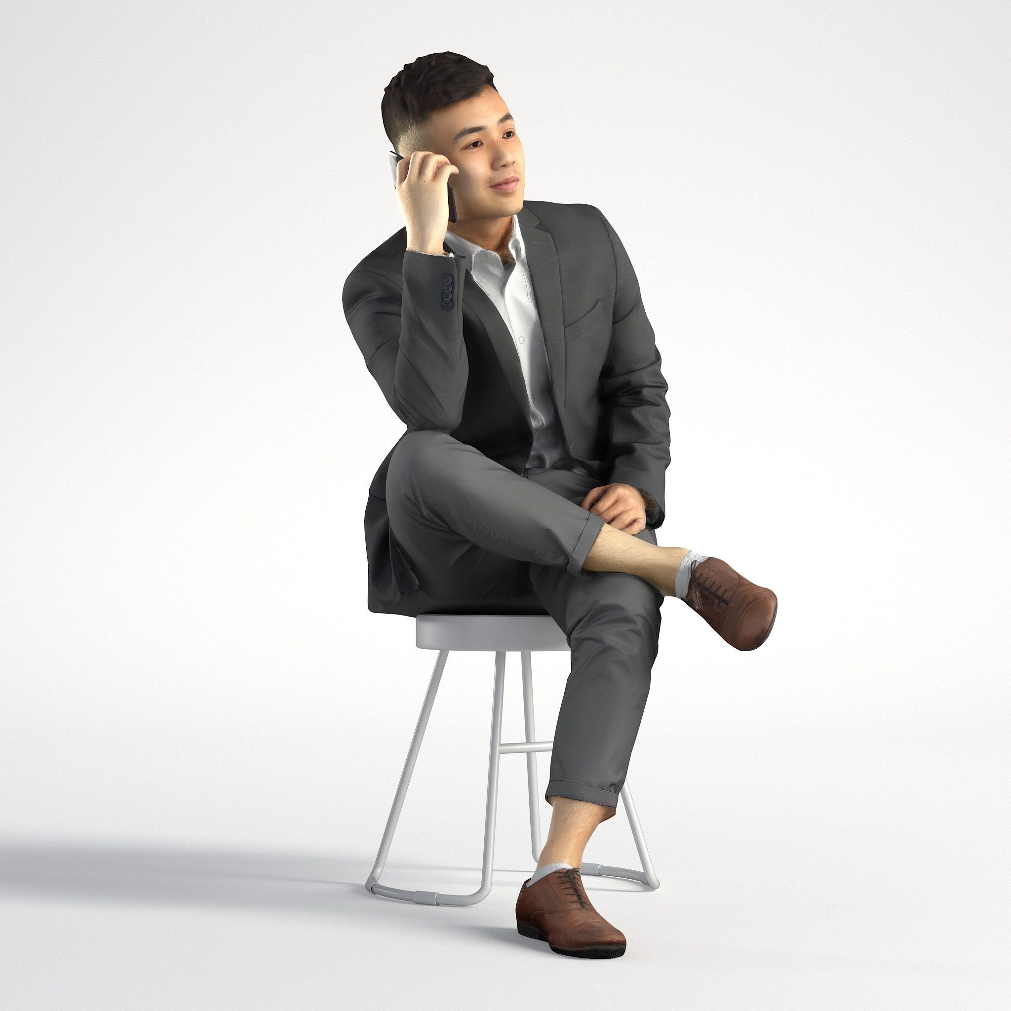 Man Asian Business Suit Sitting with Phone Low poly Kevin 001 3D model_1