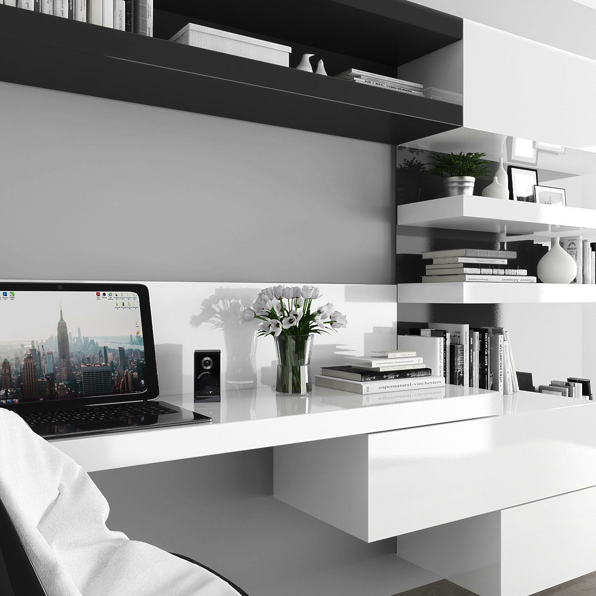 Workplace modern home office design Low-poly 3D model_1