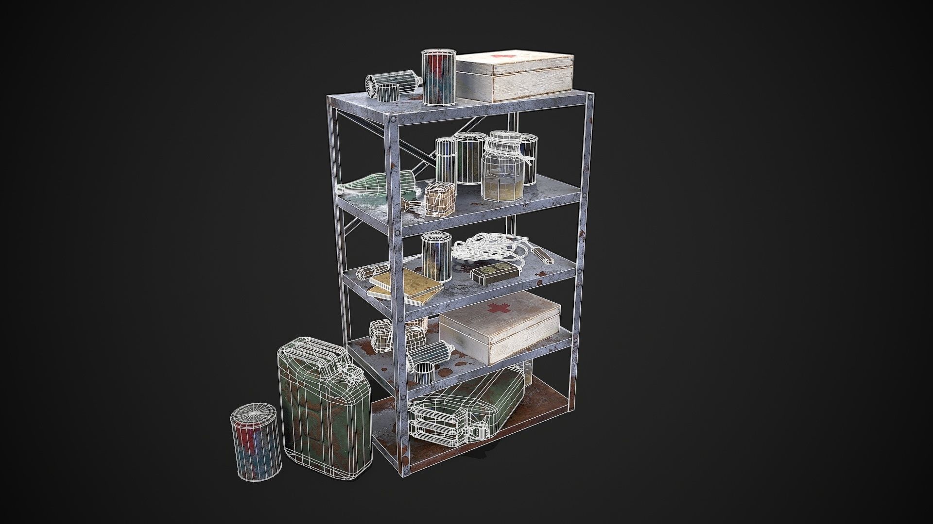 Metal Shelf Collection with garbage - Modular Game ready props Low-poly 3D model_26