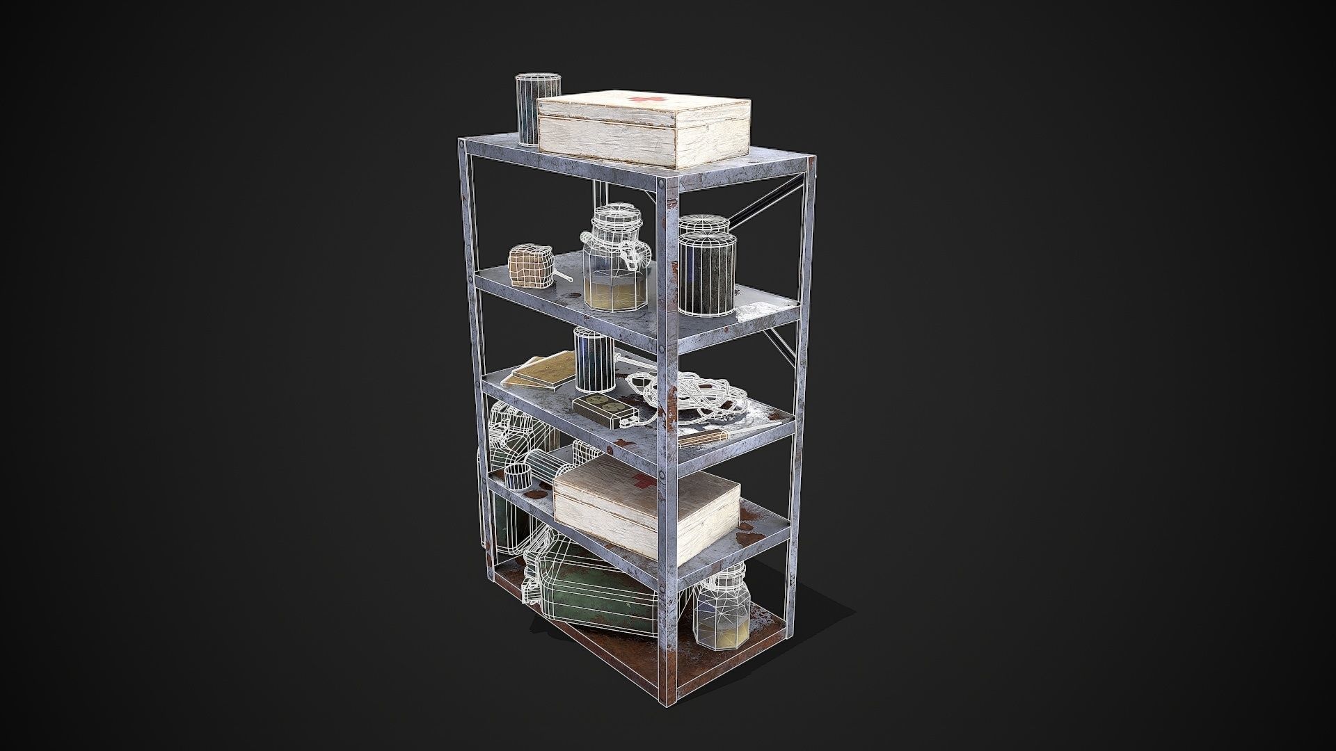 Metal Shelf Collection with garbage - Modular Game ready props Low-poly 3D model_27
