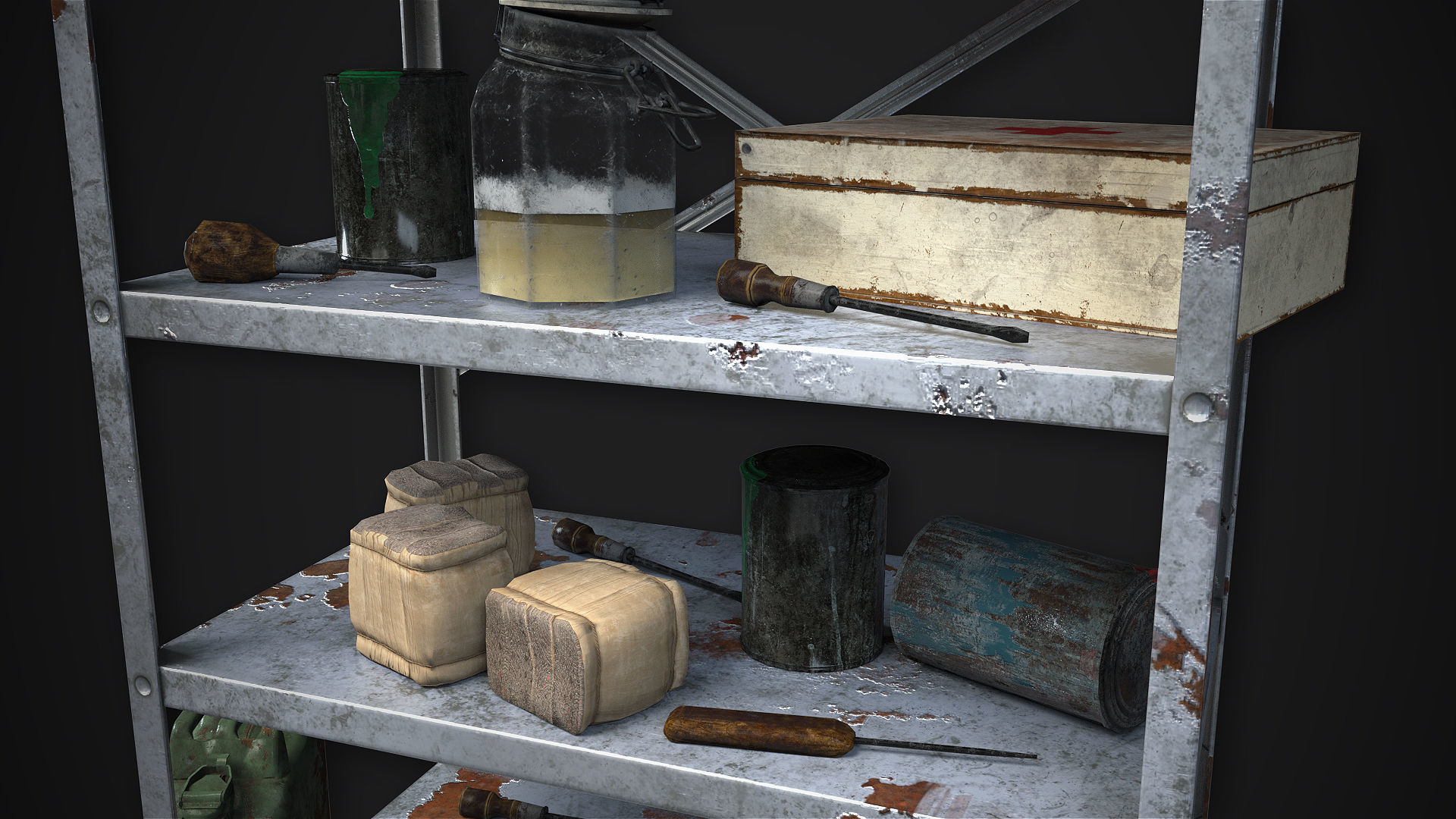 Metal Shelf Collection with garbage - Modular Game ready props Low-poly 3D model_2