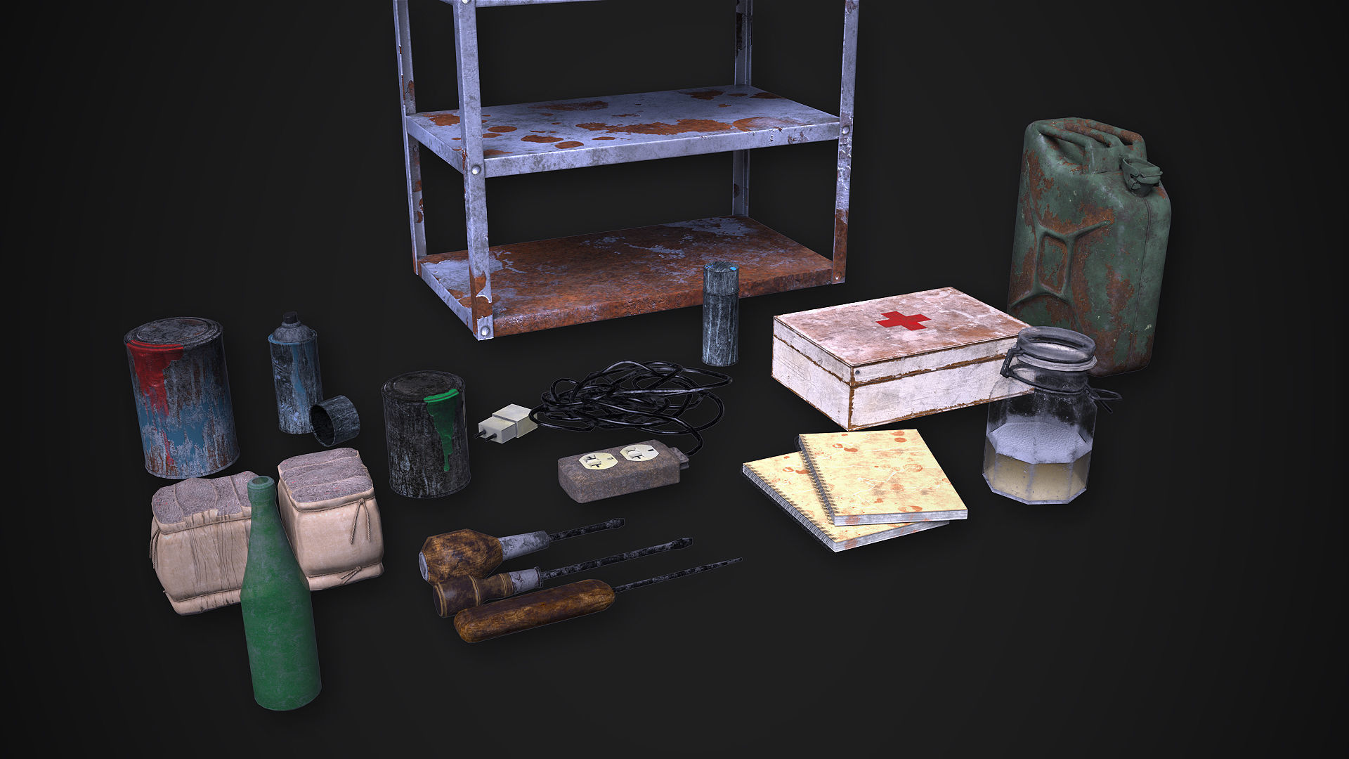 Metal Shelf Collection with garbage - Modular Game ready props Low-poly 3D model_13