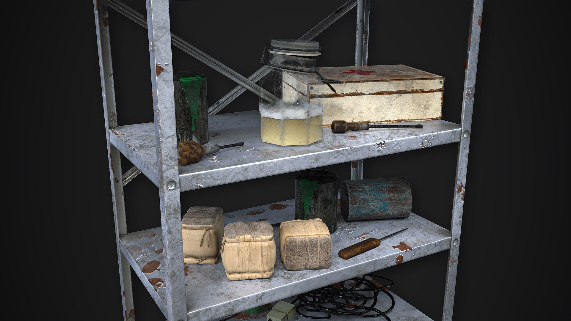 Metal Shelf Collection with garbage - Modular Game ready props Low-poly 3D model_7