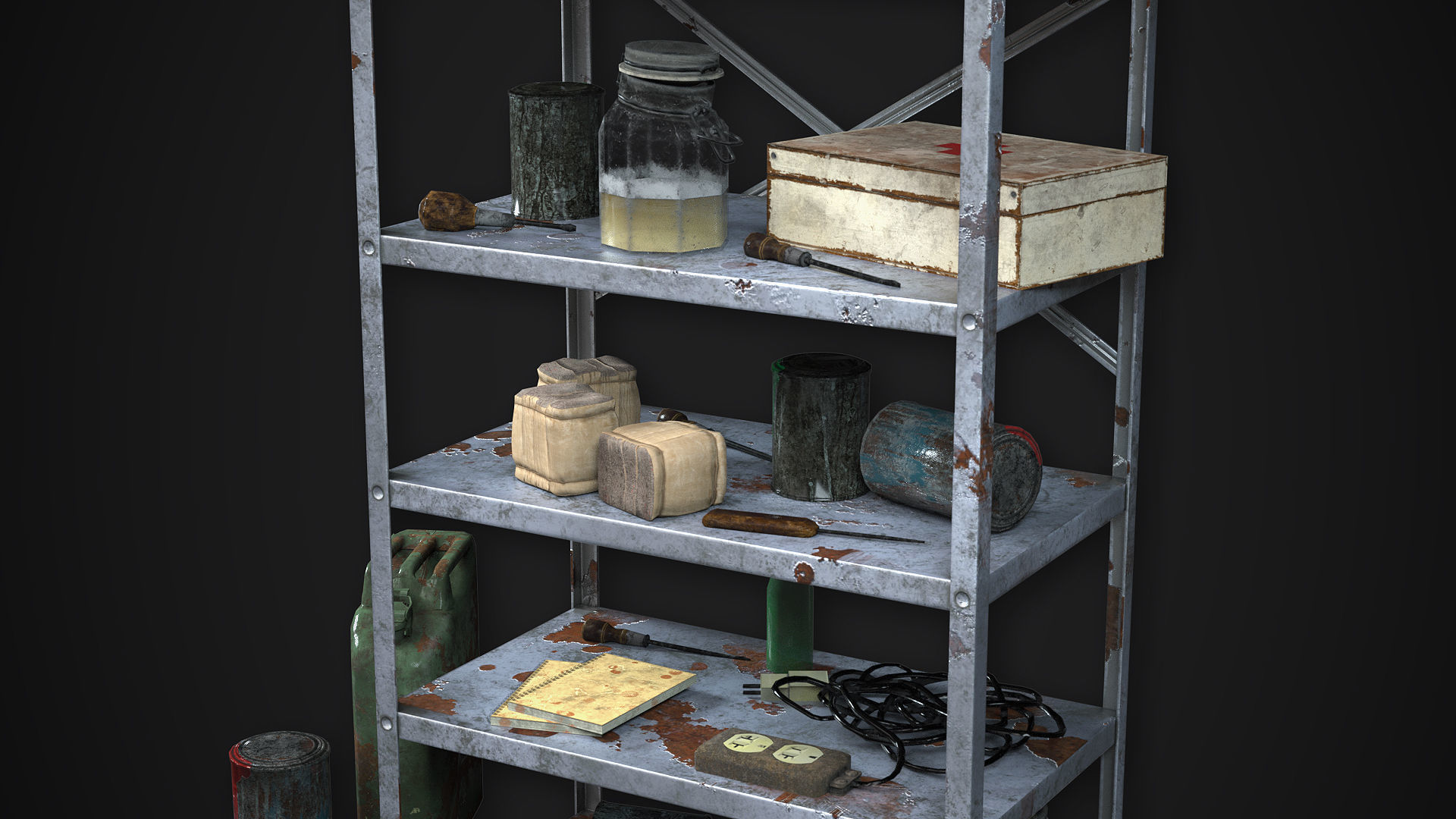Metal Shelf Collection with garbage - Modular Game ready props Low-poly 3D model_12