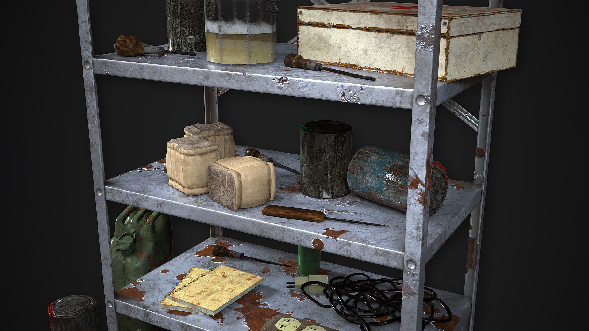 Metal Shelf Collection with garbage - Modular Game ready props Low-poly 3D model_8