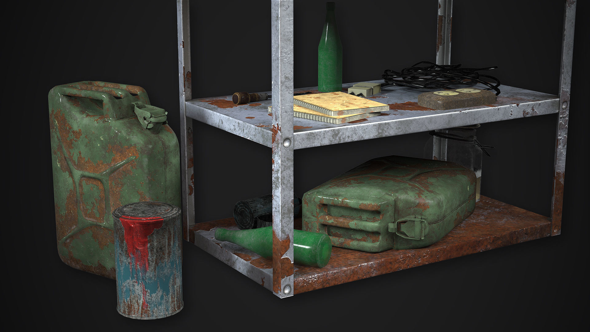 Metal Shelf Collection with garbage - Modular Game ready props Low-poly 3D model_6