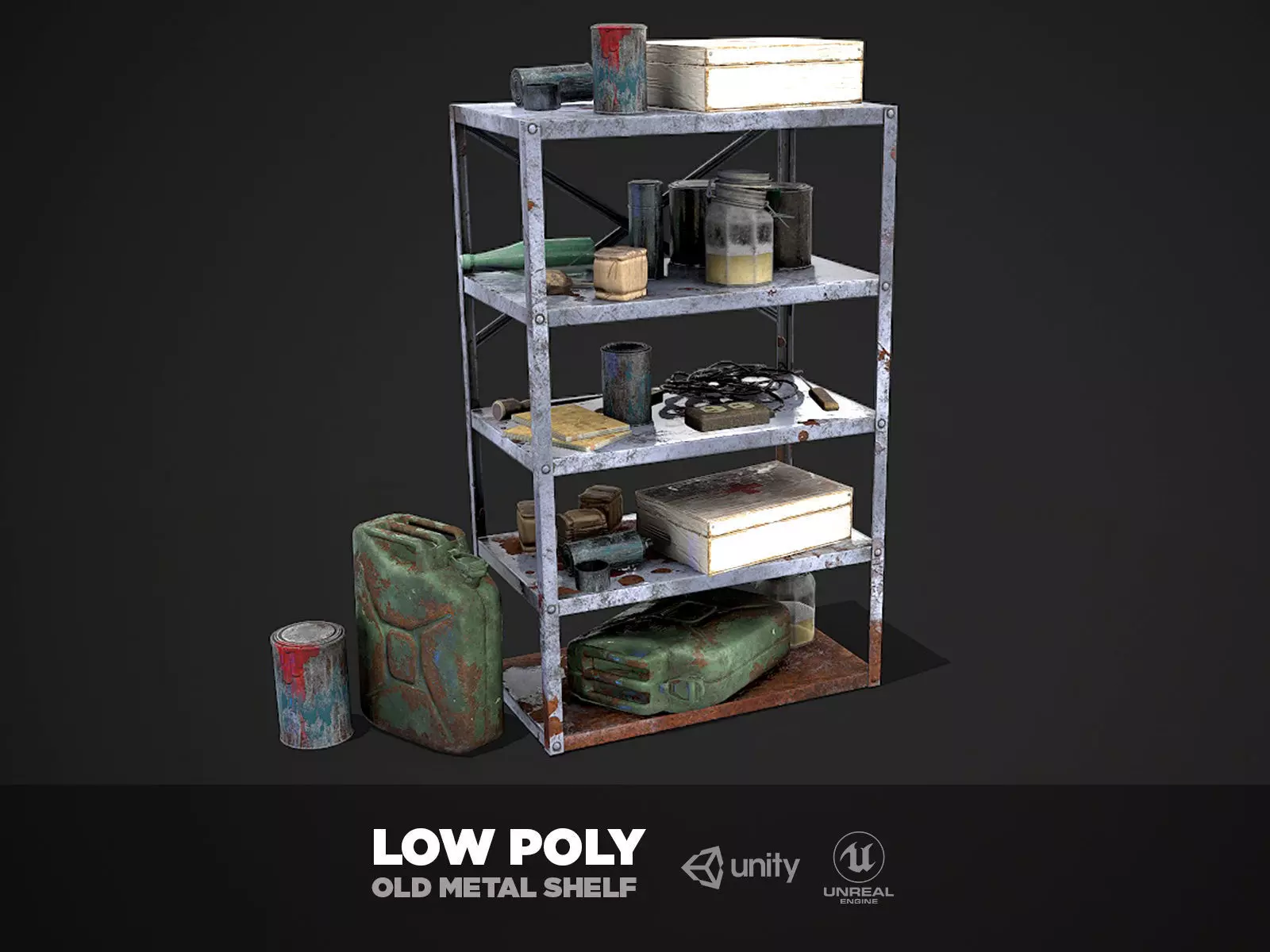 Metal Shelf Collection with garbage - Modular Game ready props Low-poly 3D model_0
