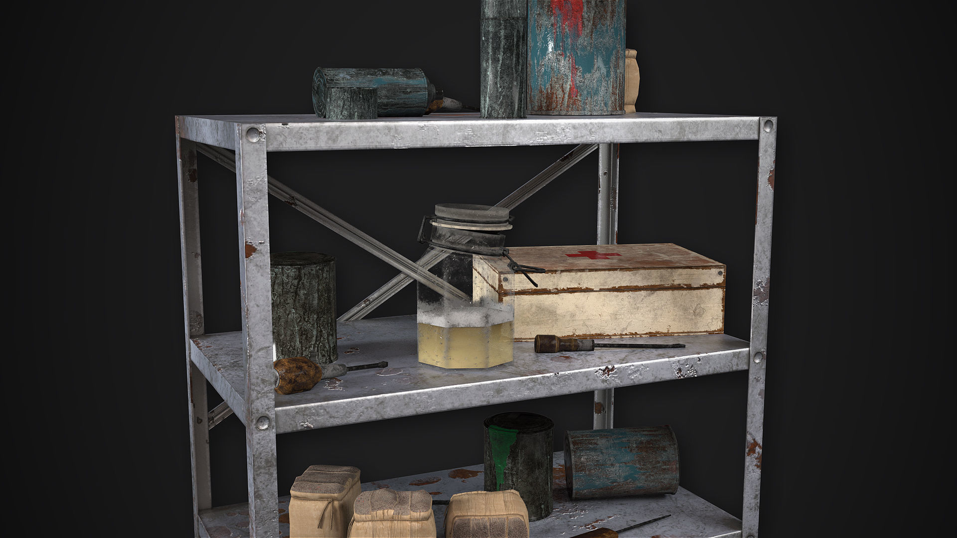 Metal Shelf Collection with garbage - Modular Game ready props Low-poly 3D model_10
