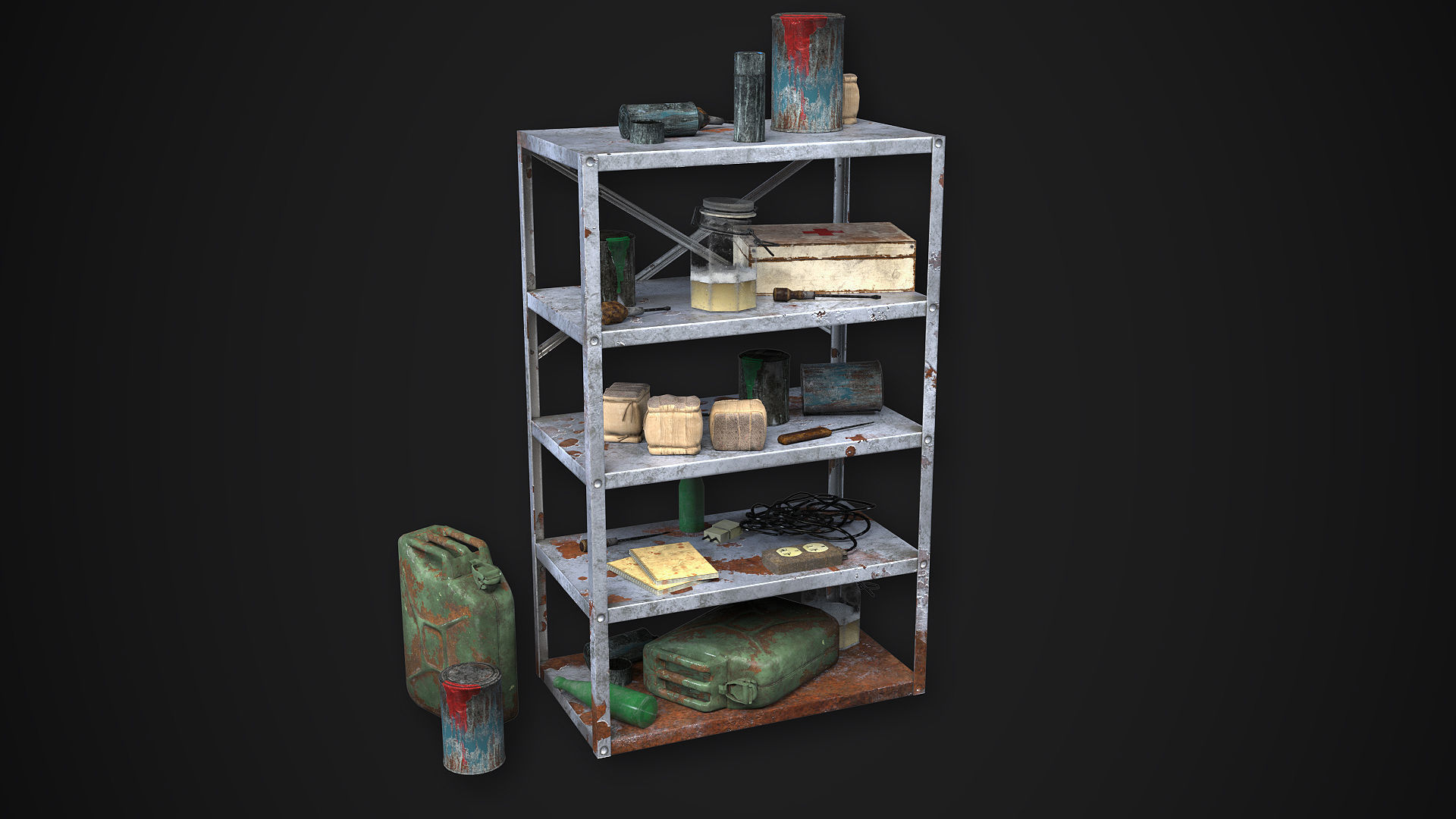 Metal Shelf Collection with garbage - Modular Game ready props Low-poly 3D model_3