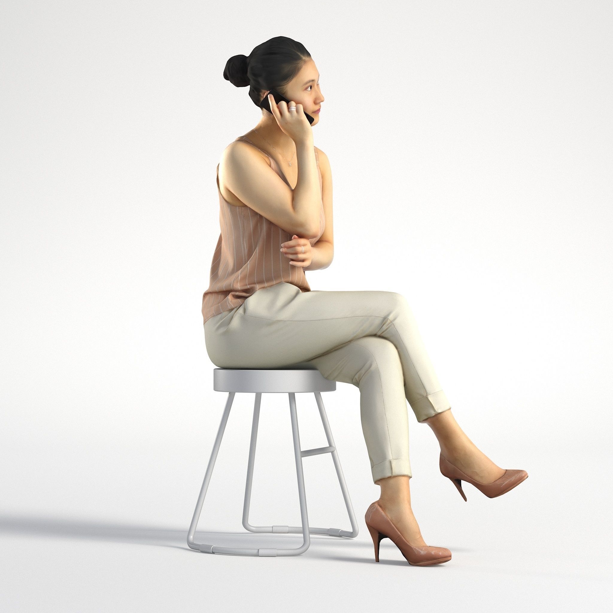 Woman Asian Business Sitting with Phone Low poly Lena 001  3D model_2