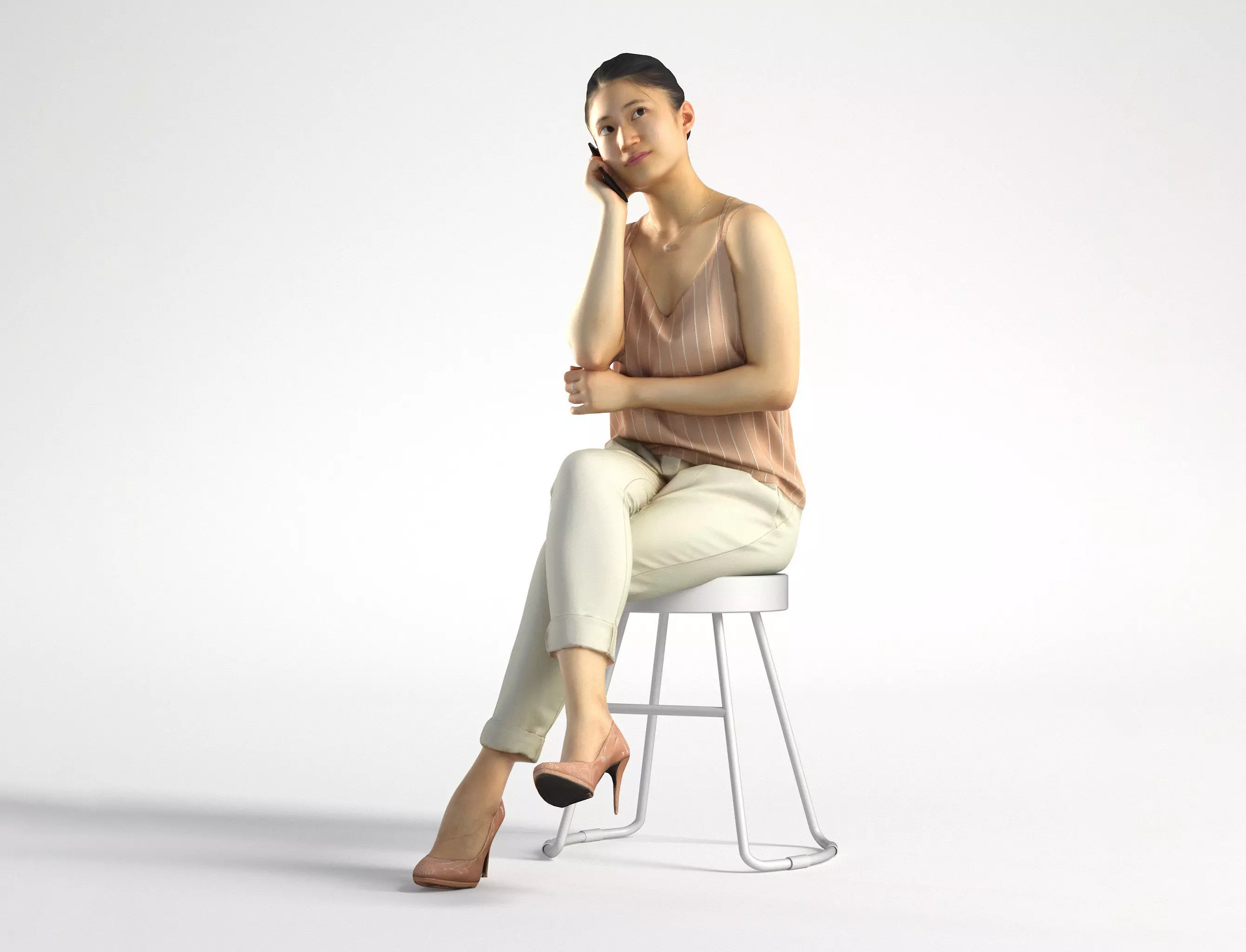 Woman Asian Business Sitting with Phone Low poly Lena 001  3D model_0