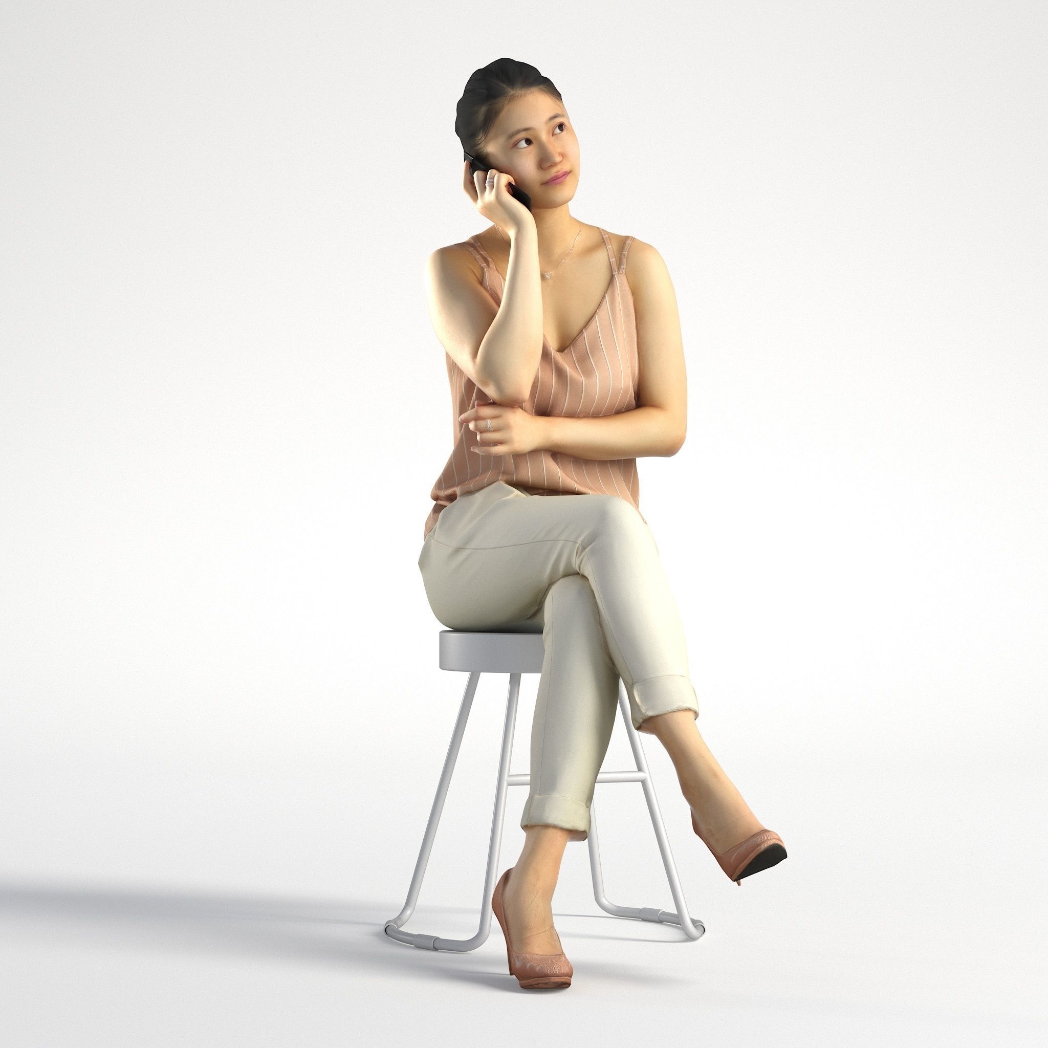 Woman Asian Business Sitting with Phone Low poly Lena 001  3D model_1