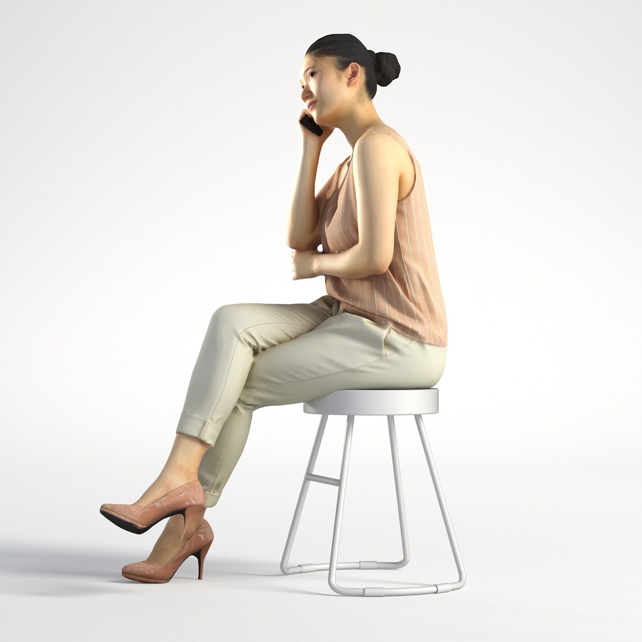 Woman Asian Business Sitting with Phone Low poly Lena 001  3D model_7