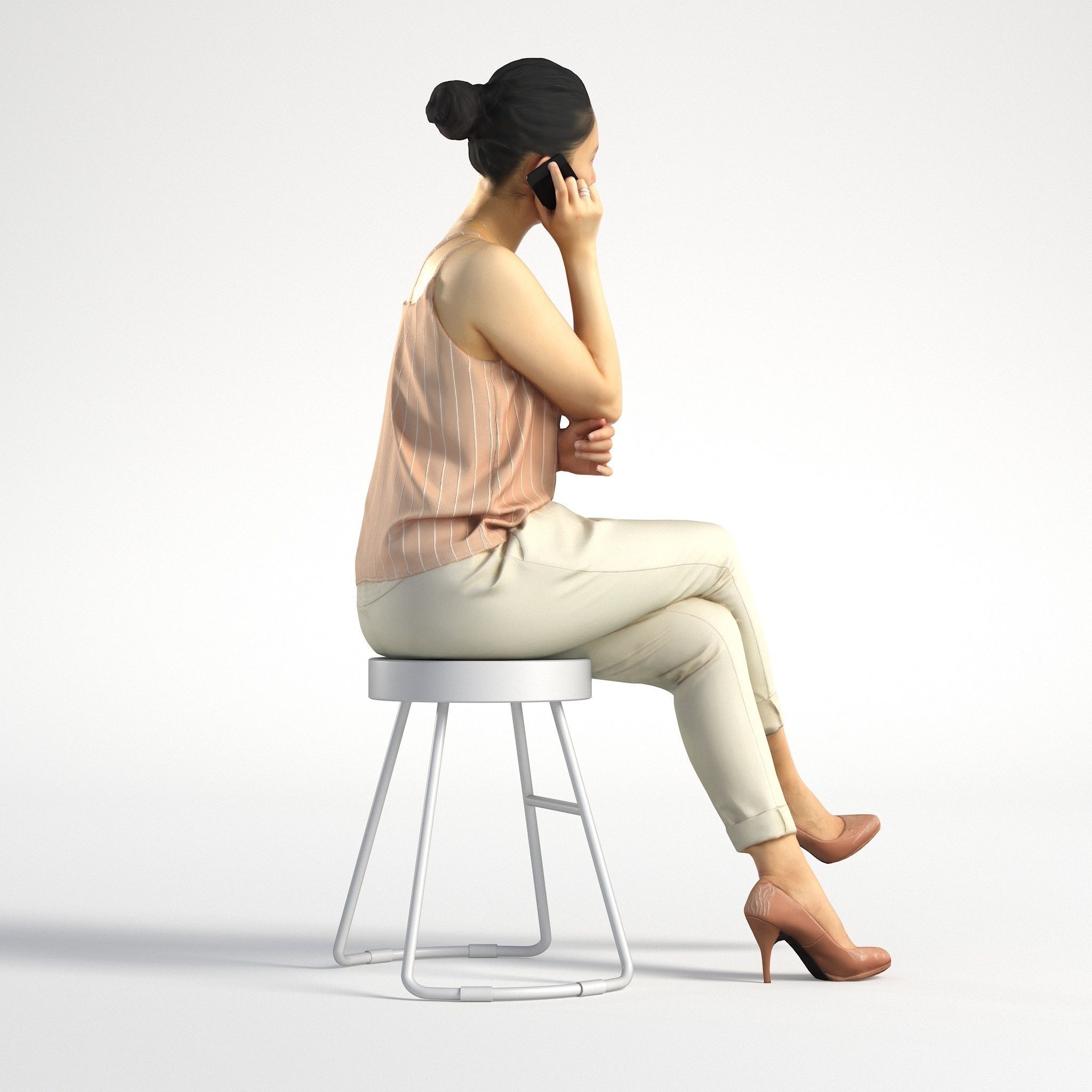Woman Asian Business Sitting with Phone Low poly Lena 001  3D model_3